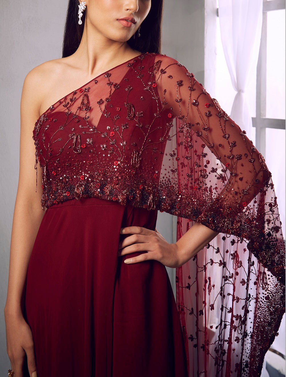 Maroon asymmetric embellished anarkali