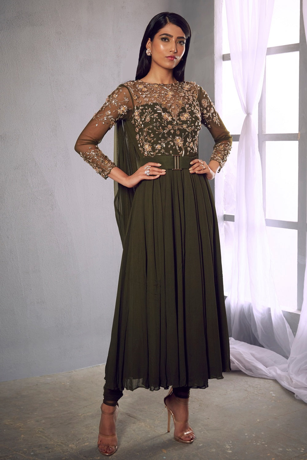 Olive green embellished anarkali
