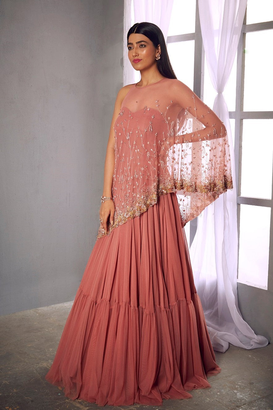 Rose pink anarkali gown with a cape