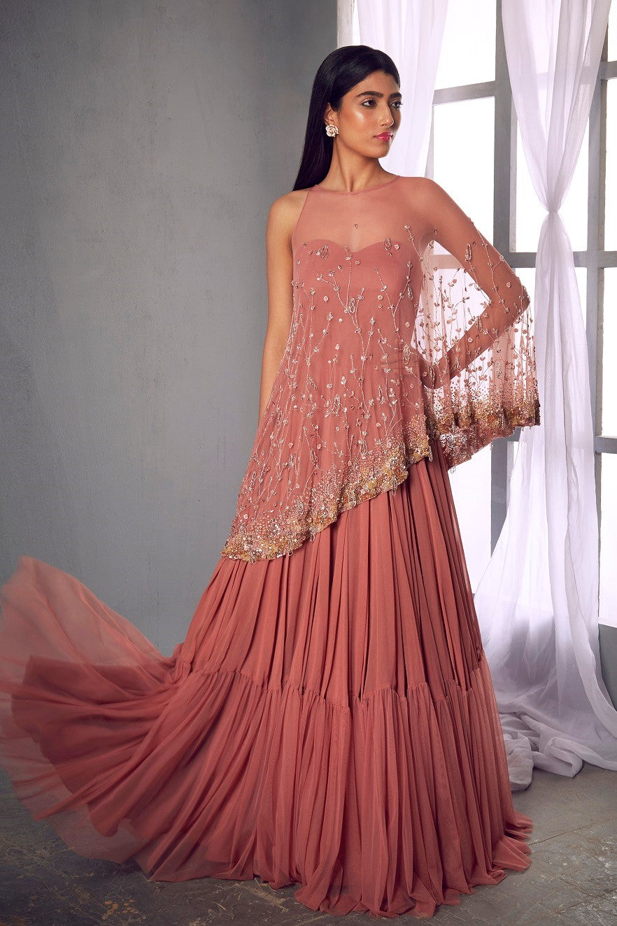 Rose Pink Anarkali Gown with A Cape 0 / Short