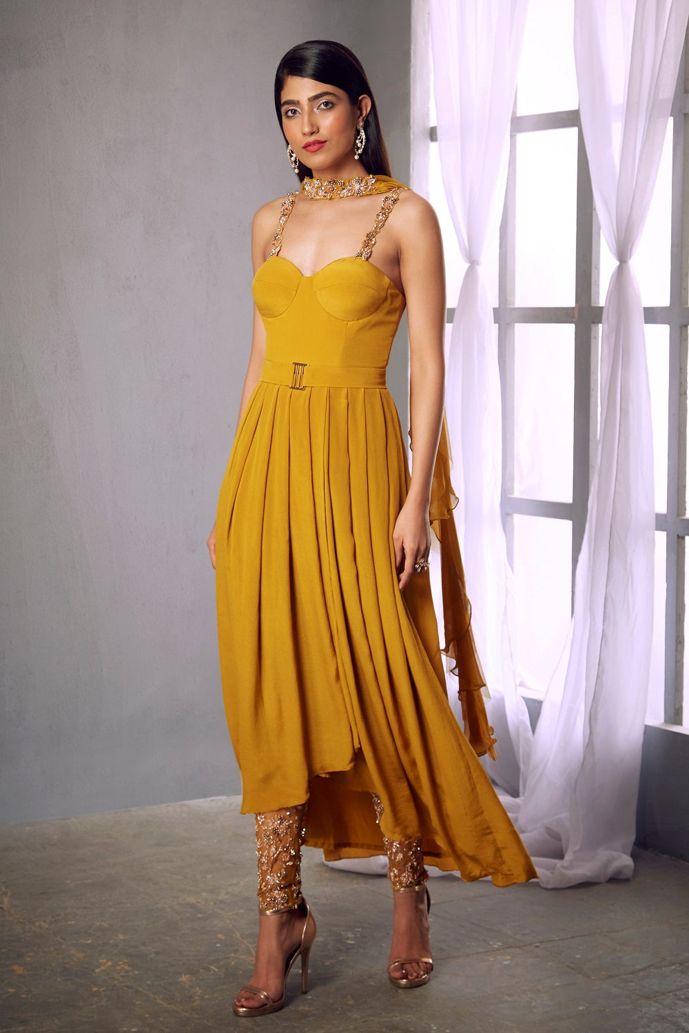 Mustard crepe pleated anarkali