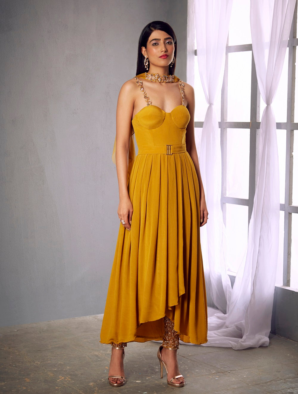 Mustard crepe pleated anarkali