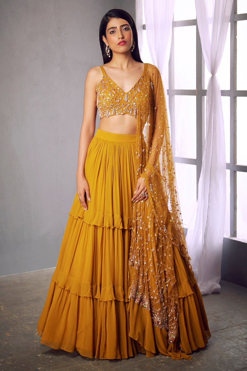 Mustard embroidered blouse and lehenga set