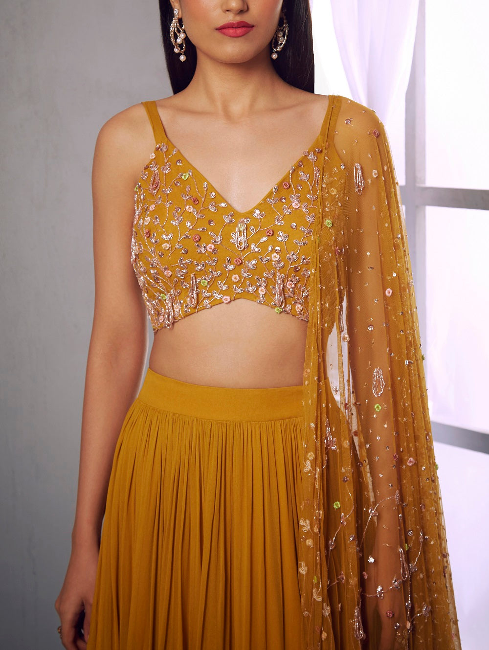 Mustard embroidered blouse and lehenga set