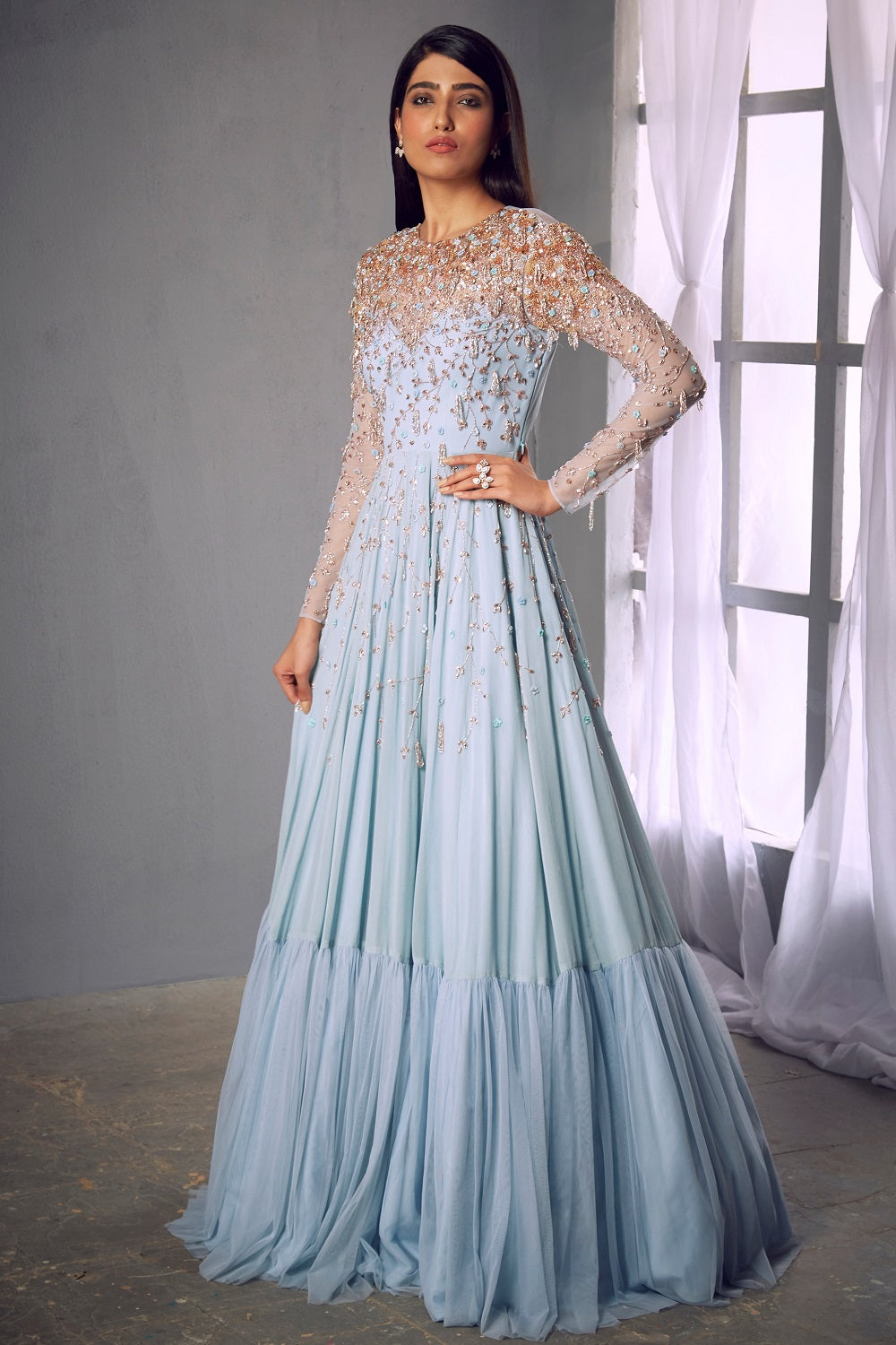 Powder blue embroidered anarkali