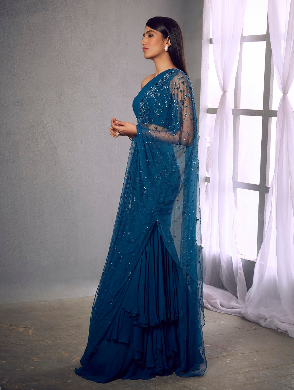 Dark blue crop blouse with layered skirt