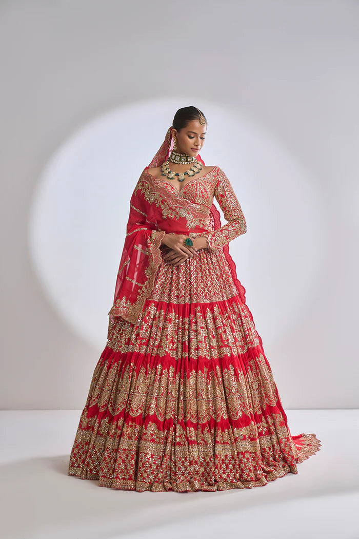 Red Multi-Tiered Lehenga Set