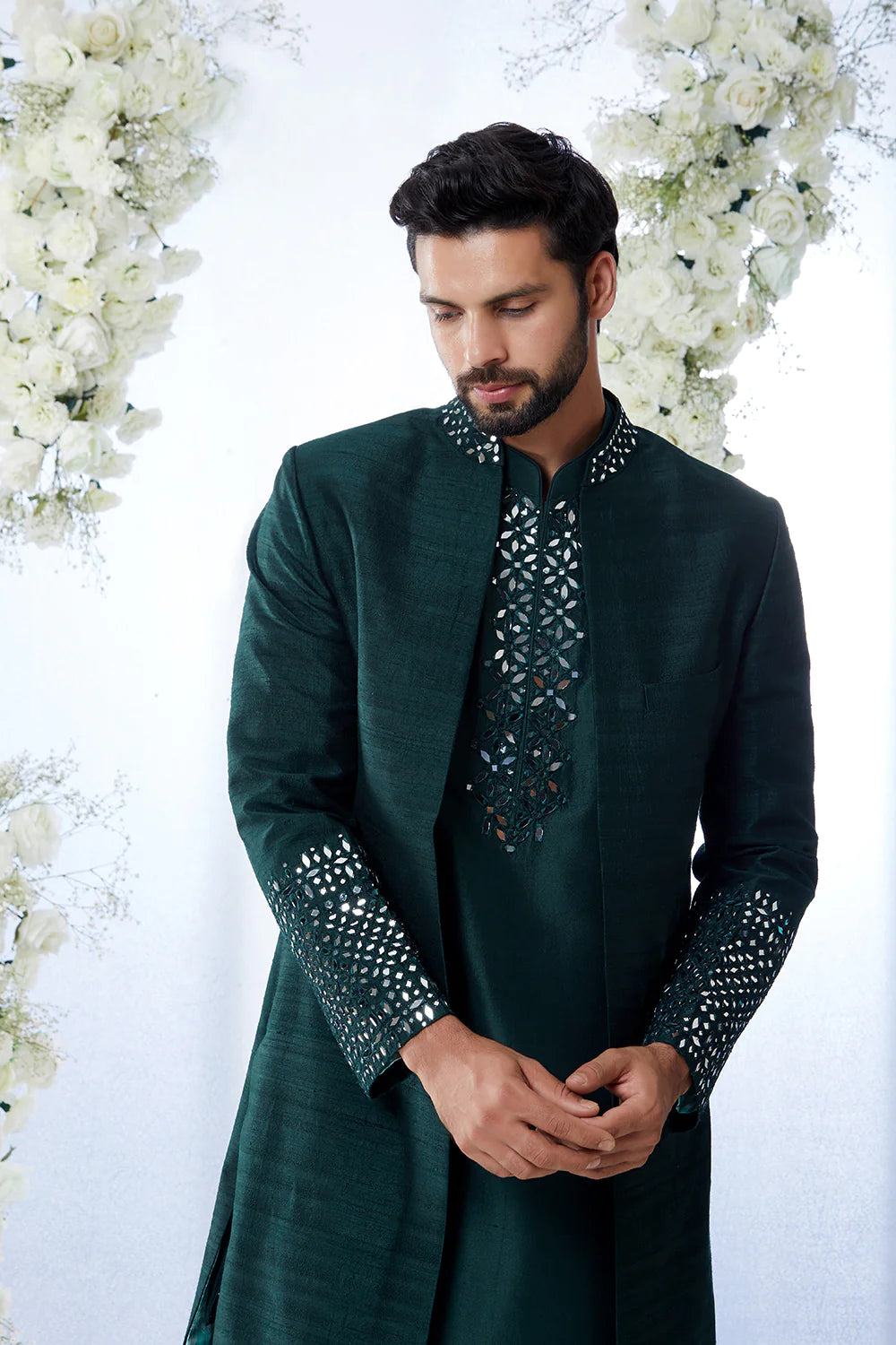 SG Emerald Green Mirror Open Sherwani Set