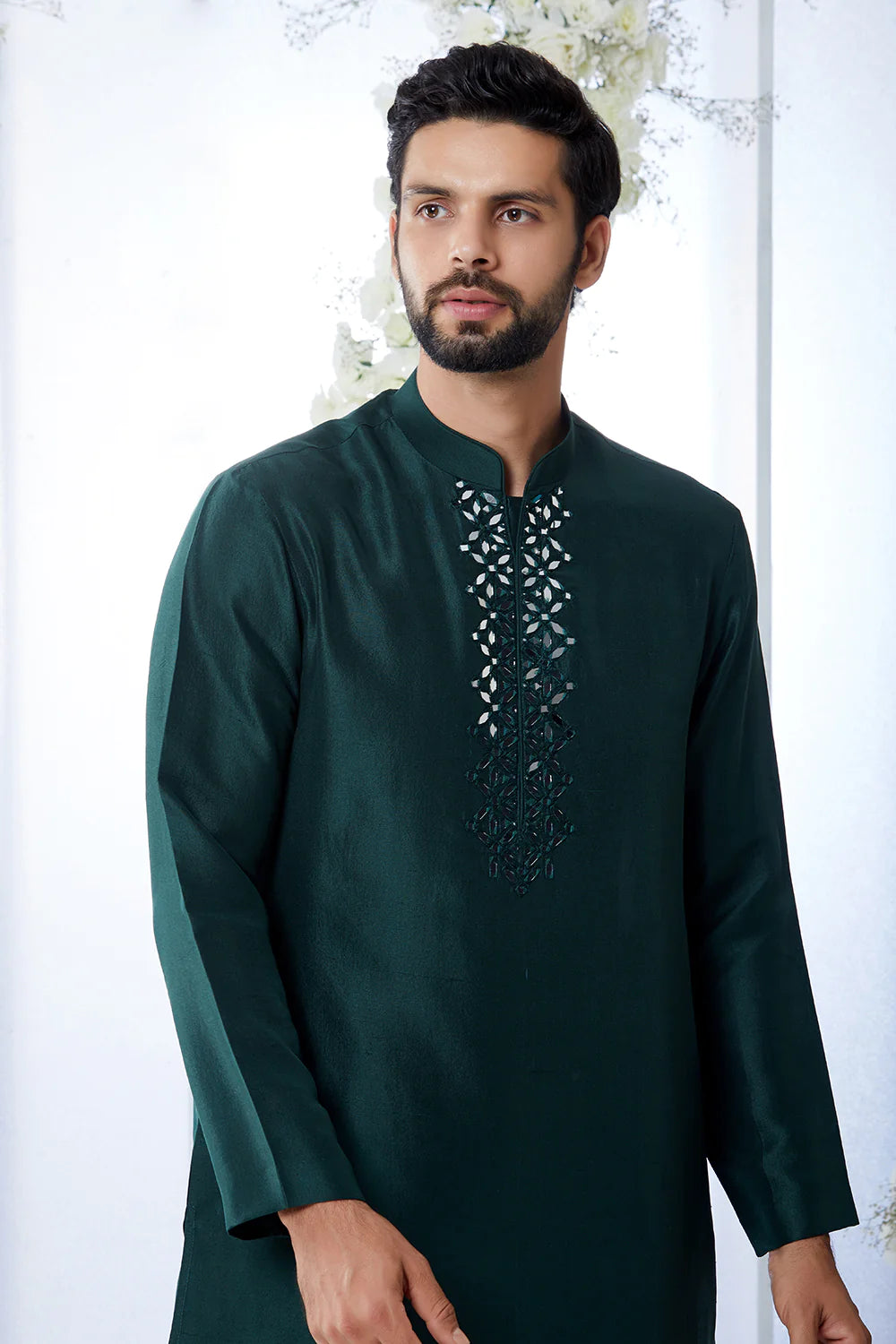 SG Emerald Green Mirror Open Sherwani Set