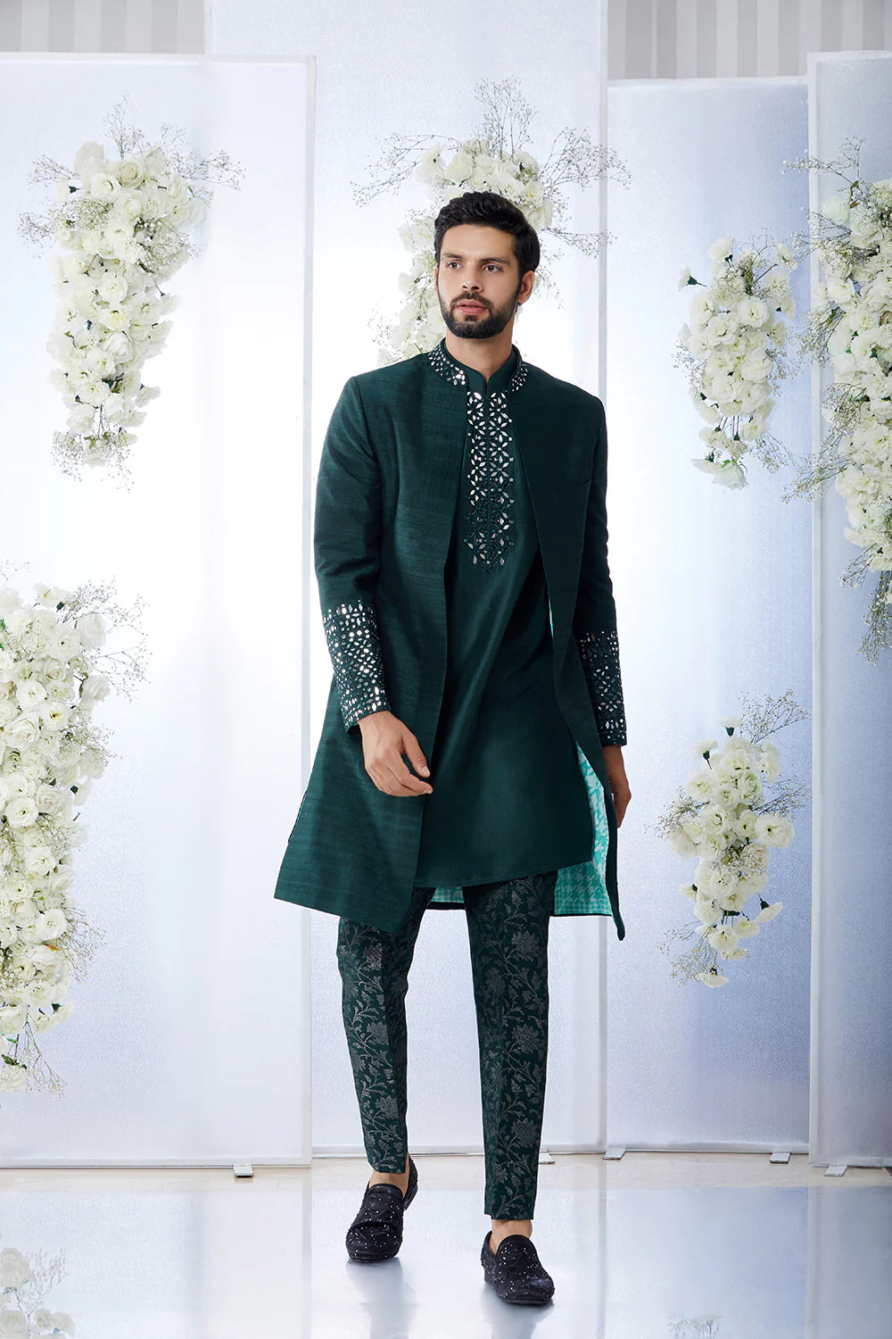 SG Emerald Green Mirror Open Sherwani Set