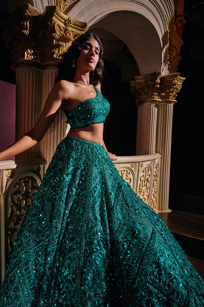Teal Sequin Lehenga Set