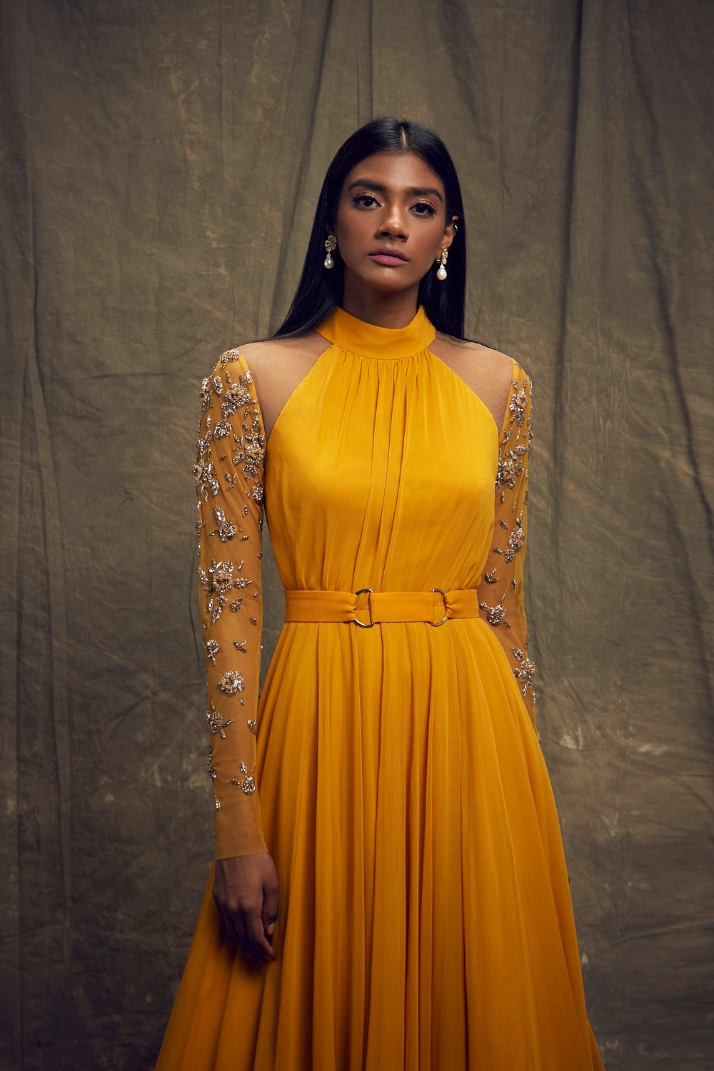 Mustard Gown with Embellished Long Sleeves