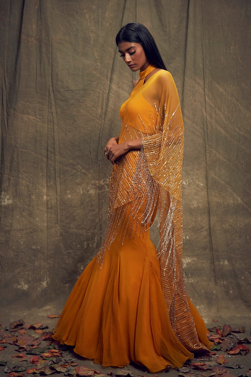 Mustard Fishtail Skirt and High Neck Blouse