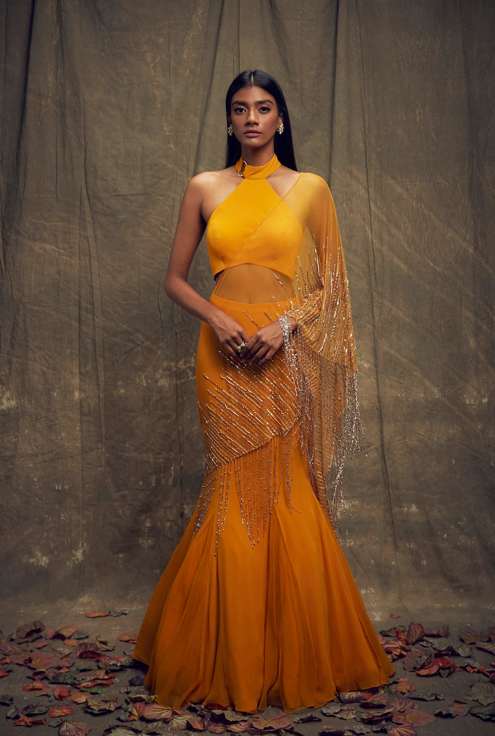 Mustard Fishtail Skirt and High Neck Blouse