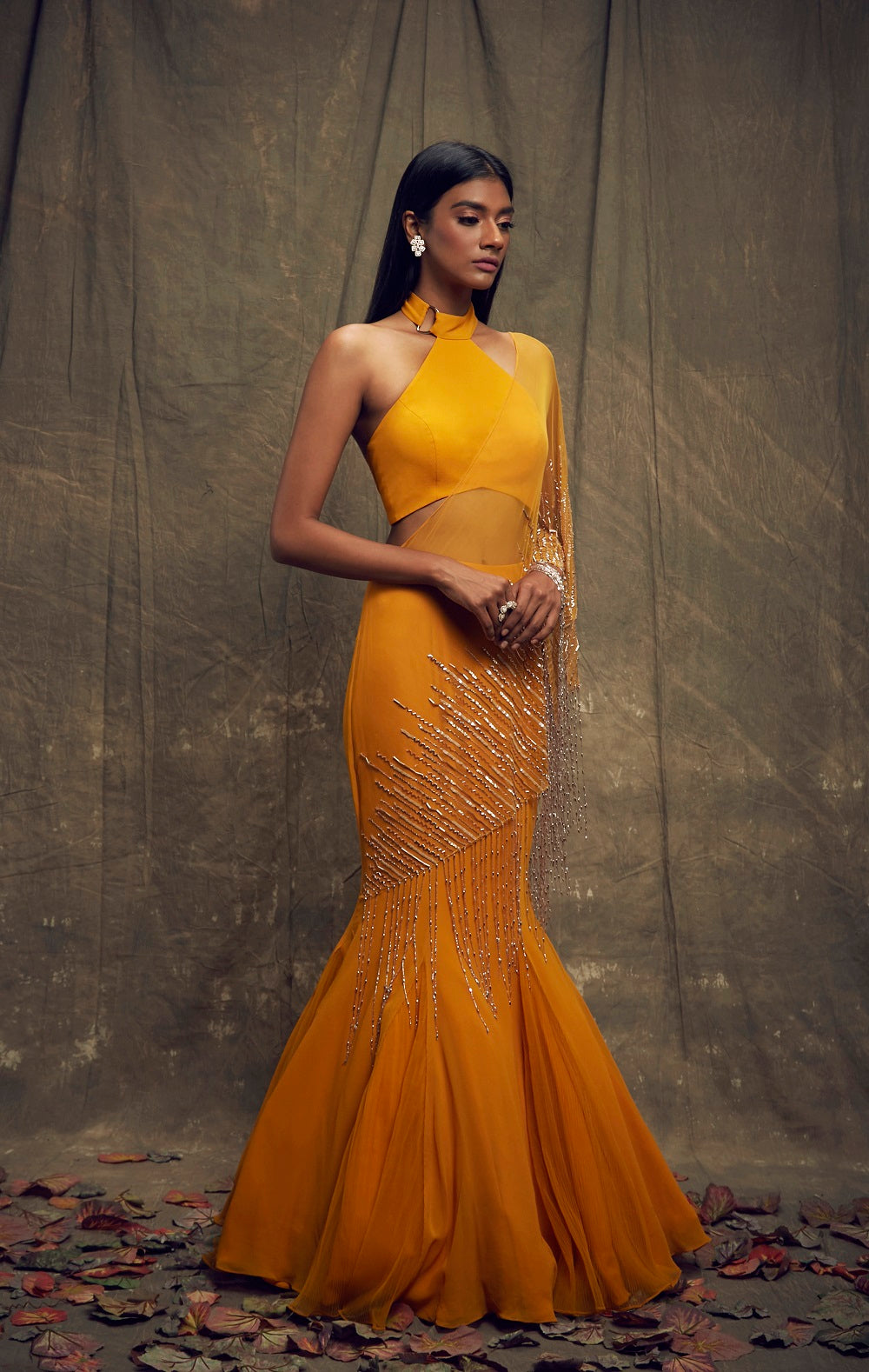 Mustard Fishtail Skirt and High Neck Blouse