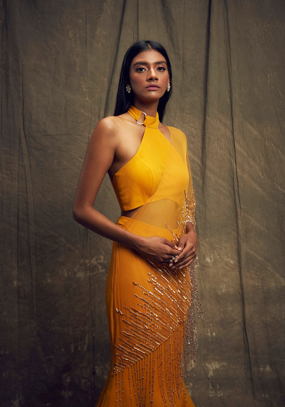 Mustard Fishtail Skirt and High Neck Blouse