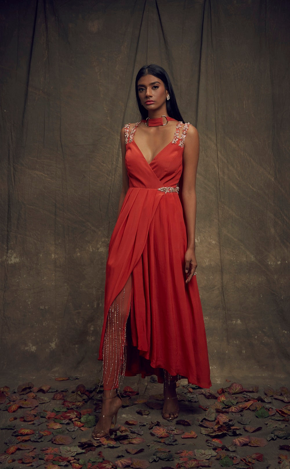 Coral Asymmetic Overlap Anarkali