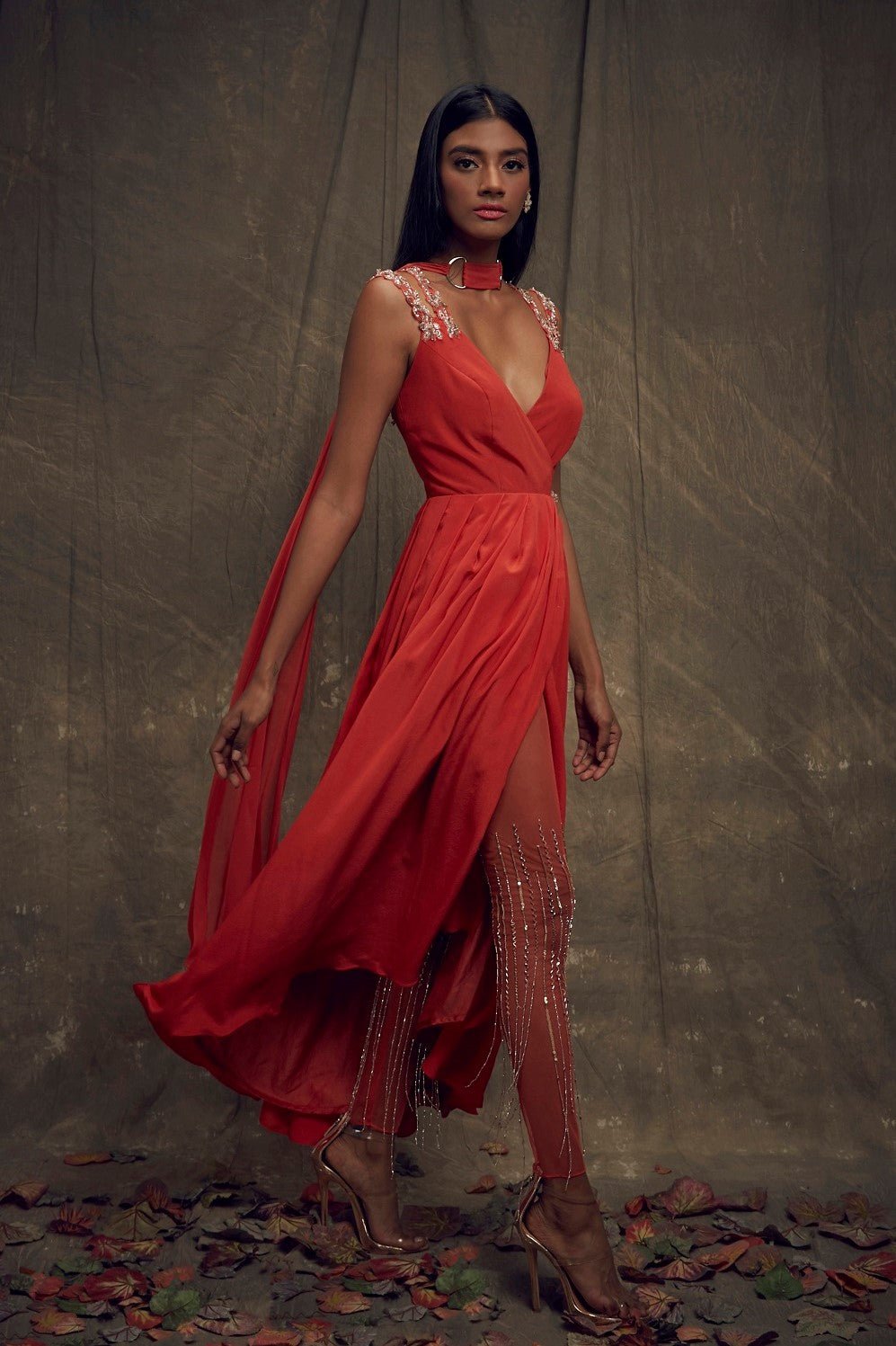 Coral Asymmetic Overlap Anarkali