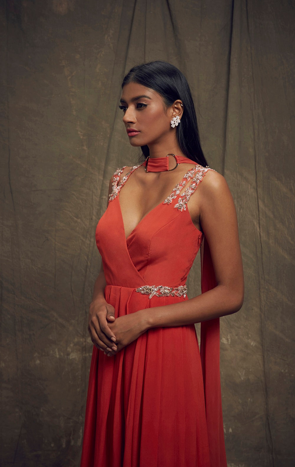 Coral Asymmetic Overlap Anarkali