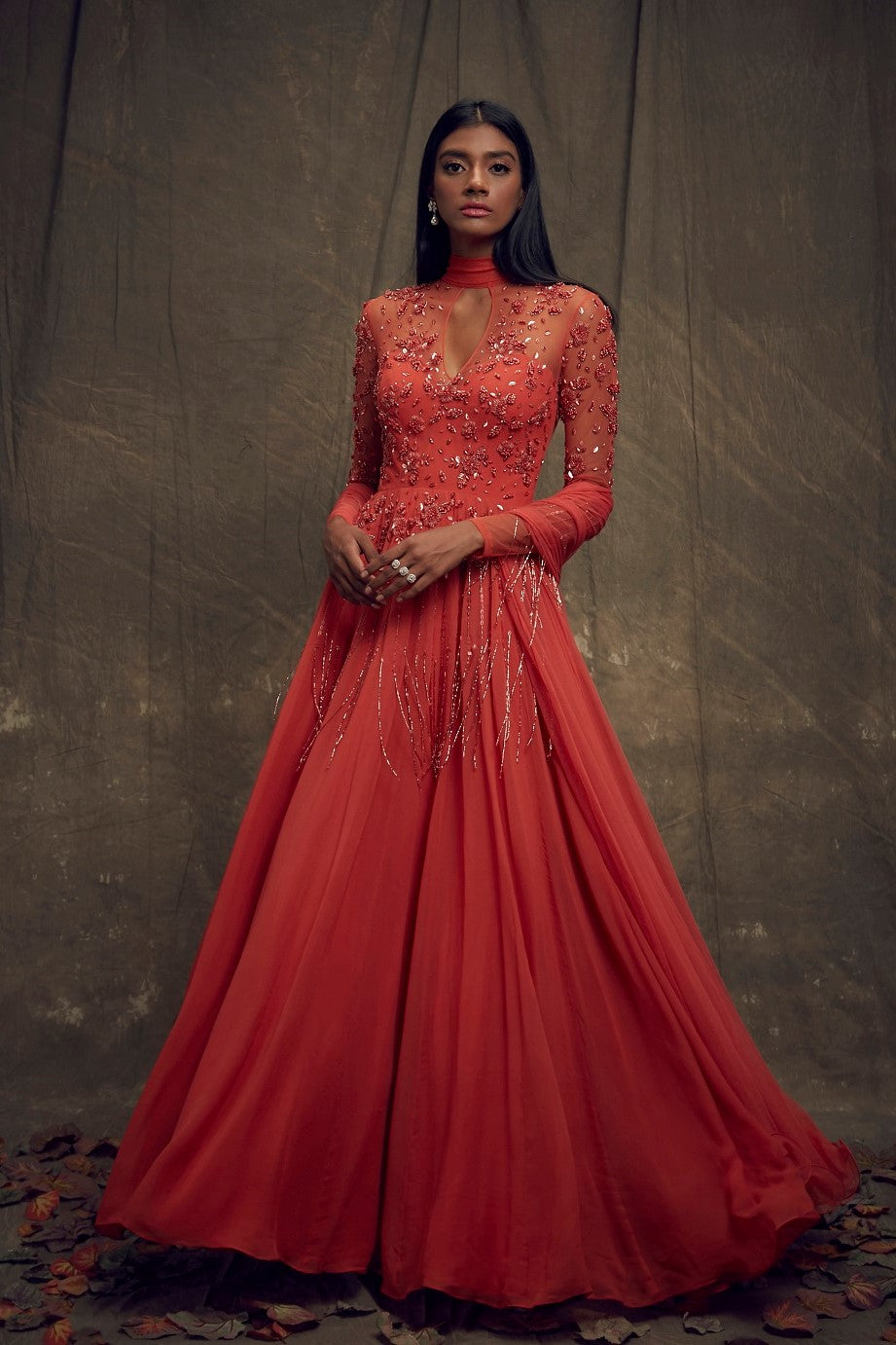 Coral Gown with Embellished Long Sleeves Coral Gown with Embellished Long Sleeves
