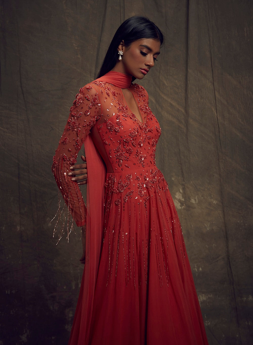 Coral Gown with Embellished Long Sleeves