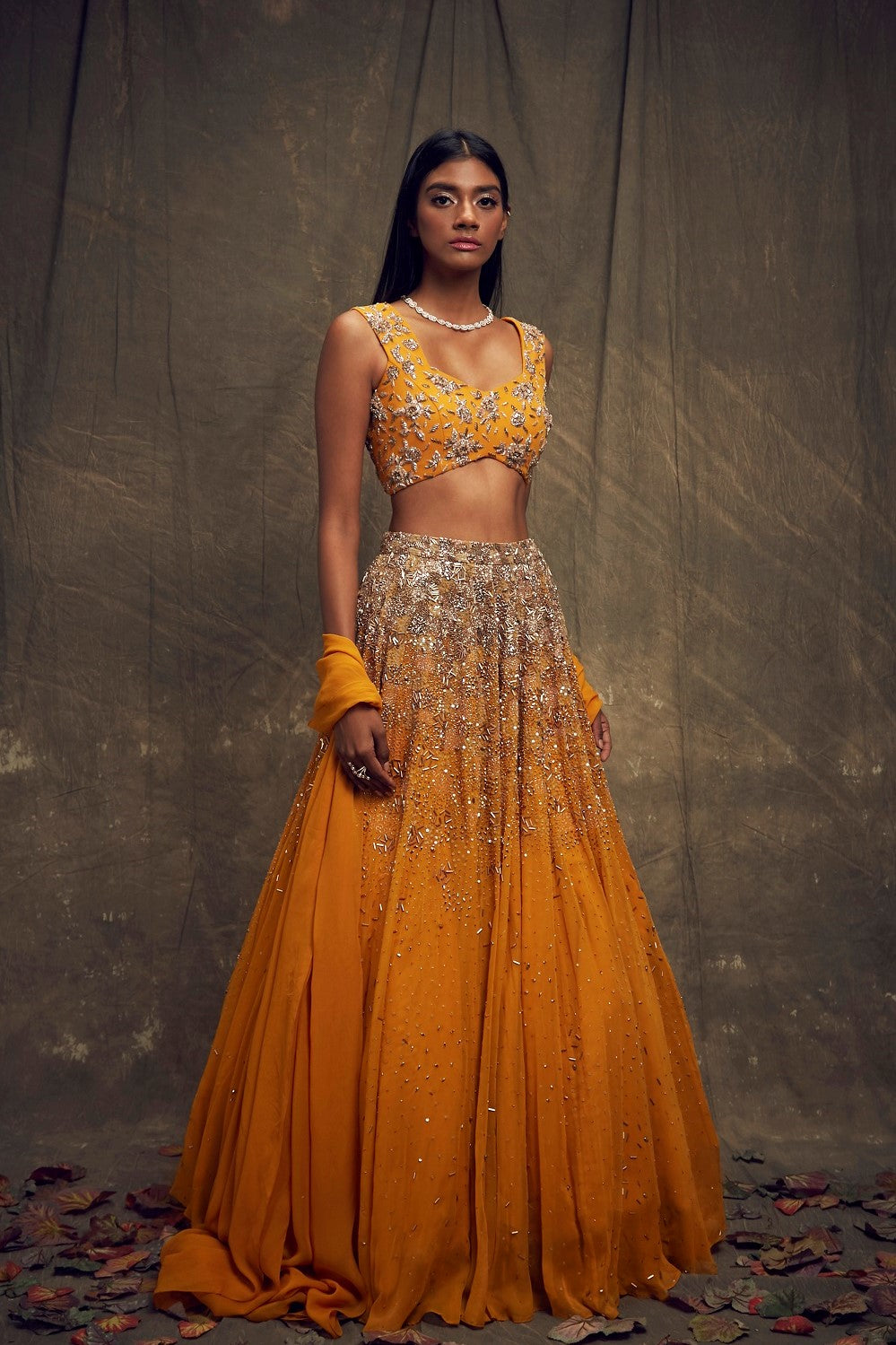 Sleeveless Embellished Mustard Lehenga