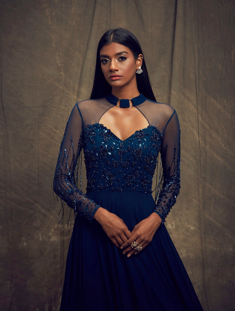 Dark Teal Blue Embellished Gown