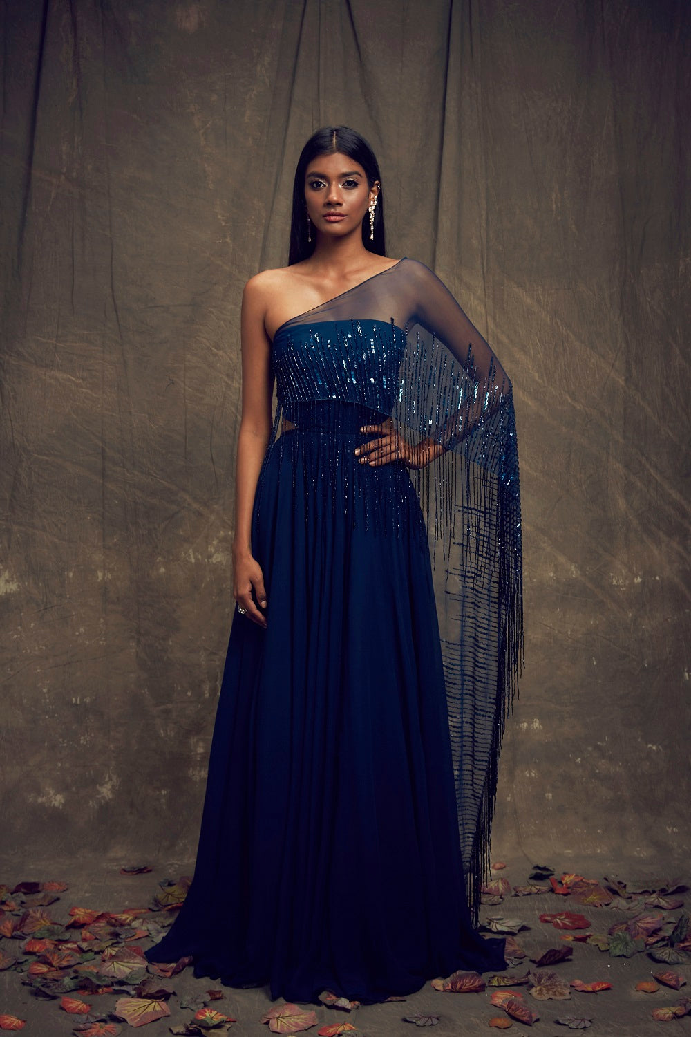 One Shoulder Blue Net Drape Gown 10 / Tall One Shoulder Blue Net Drape Gown 10 / Tall