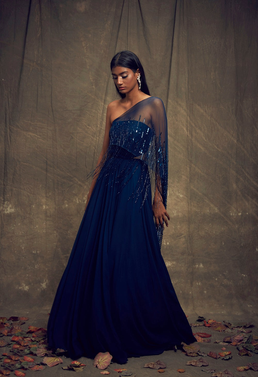 One Shoulder Blue Net Drape Gown