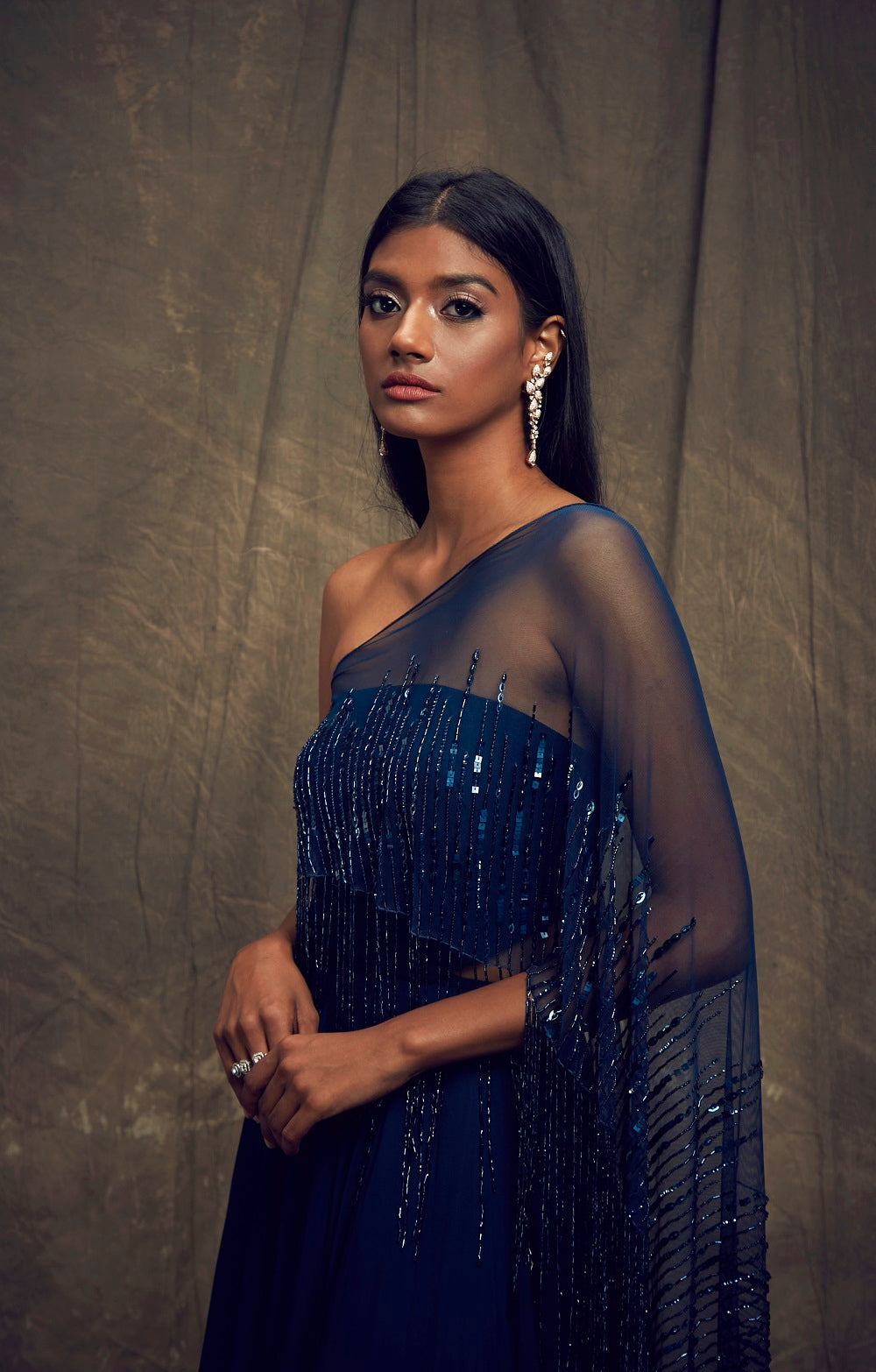 One Shoulder Blue Net Drape Gown