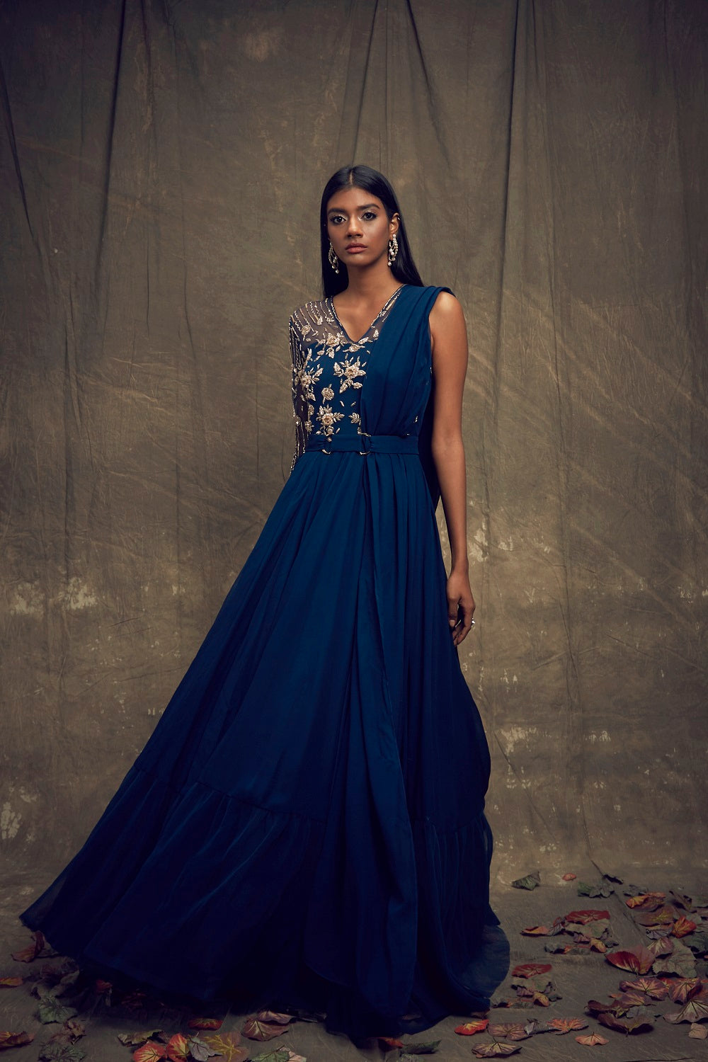 Dark Teal Blue Single Sleeve Embellished Gown