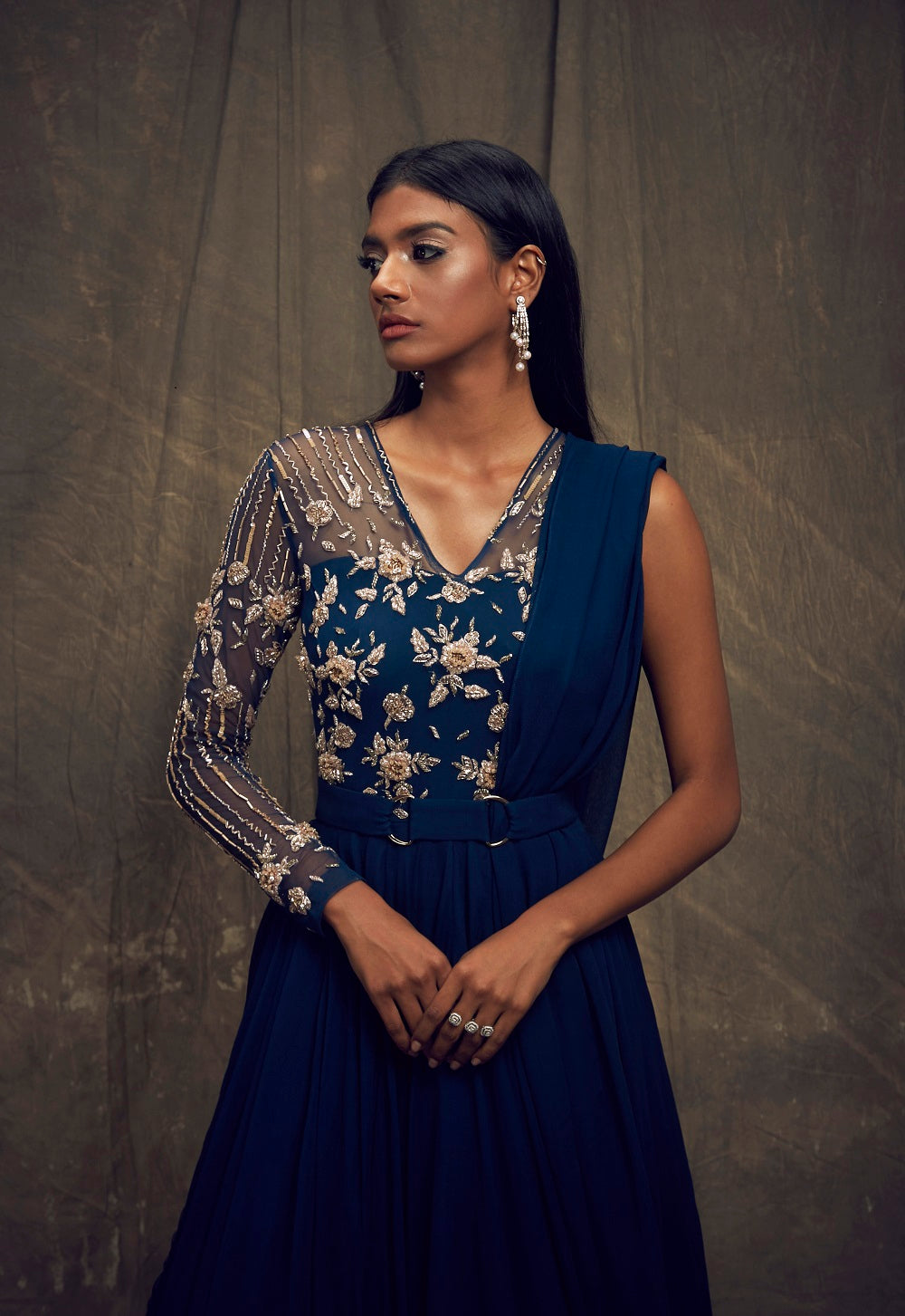 Dark Teal Blue Single Sleeve Embellished Gown