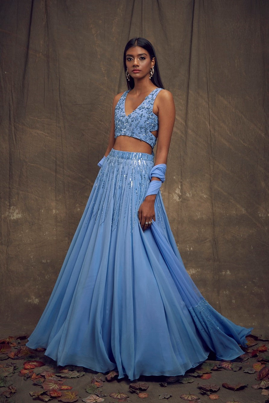 Light Blue Embellished Lehenga with Cut Out Blouse 8 / Regular Light Blue Embellished Lehenga with Cut Out Blouse 8 / Regular