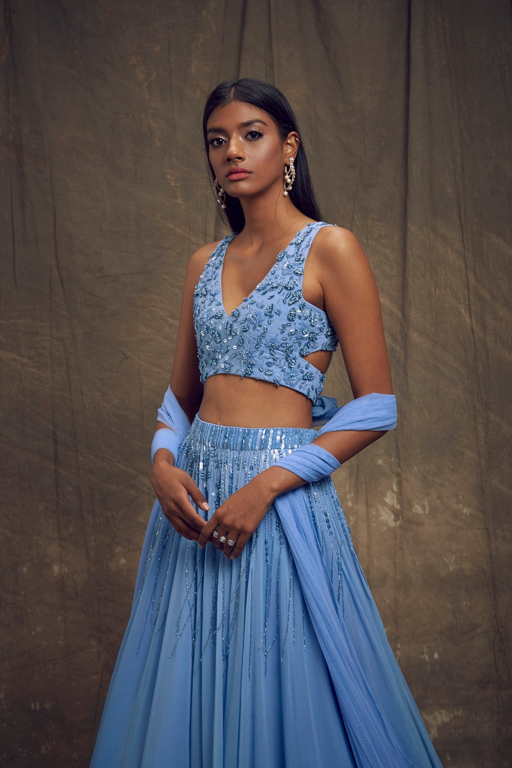 Light Blue Embellished Lehenga with Cut Out Blouse