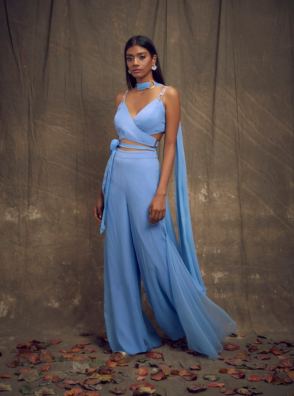 Light Blue Overlap Blouse and Palazzo Pants