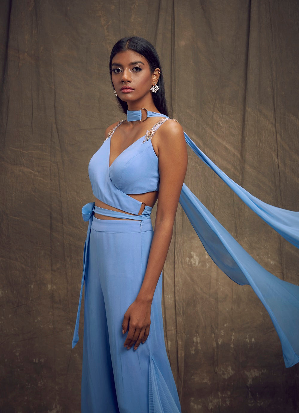 Light Blue Overlap Blouse and Palazzo Pants