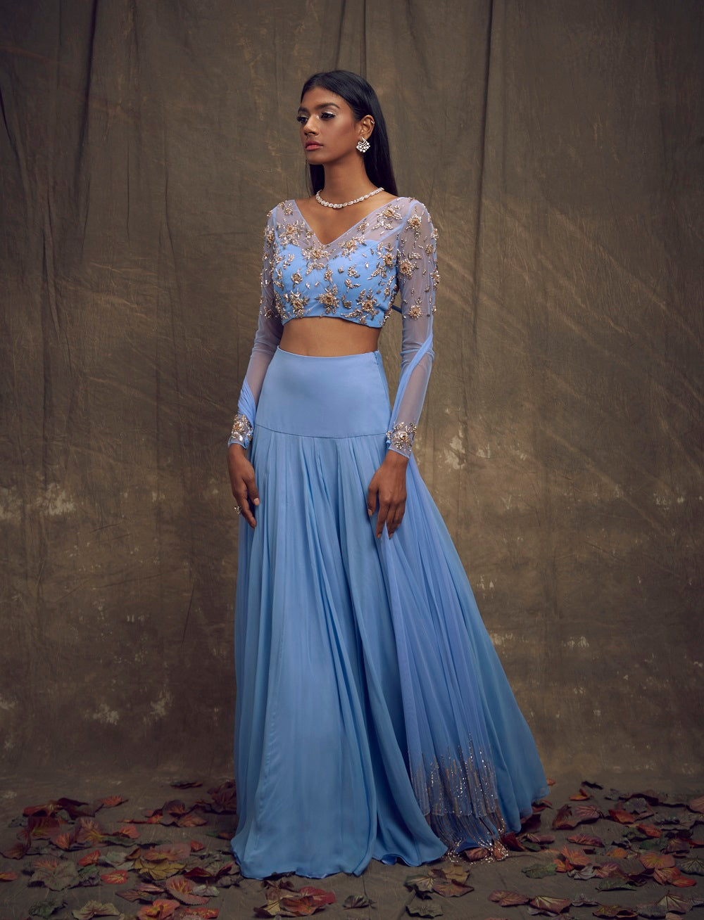 Light Blue Lehenga with Embellished Long Sleeve Blouse