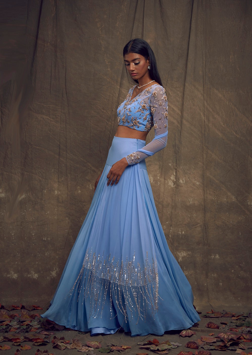 Light Blue Lehenga with Embellished Long Sleeve Blouse