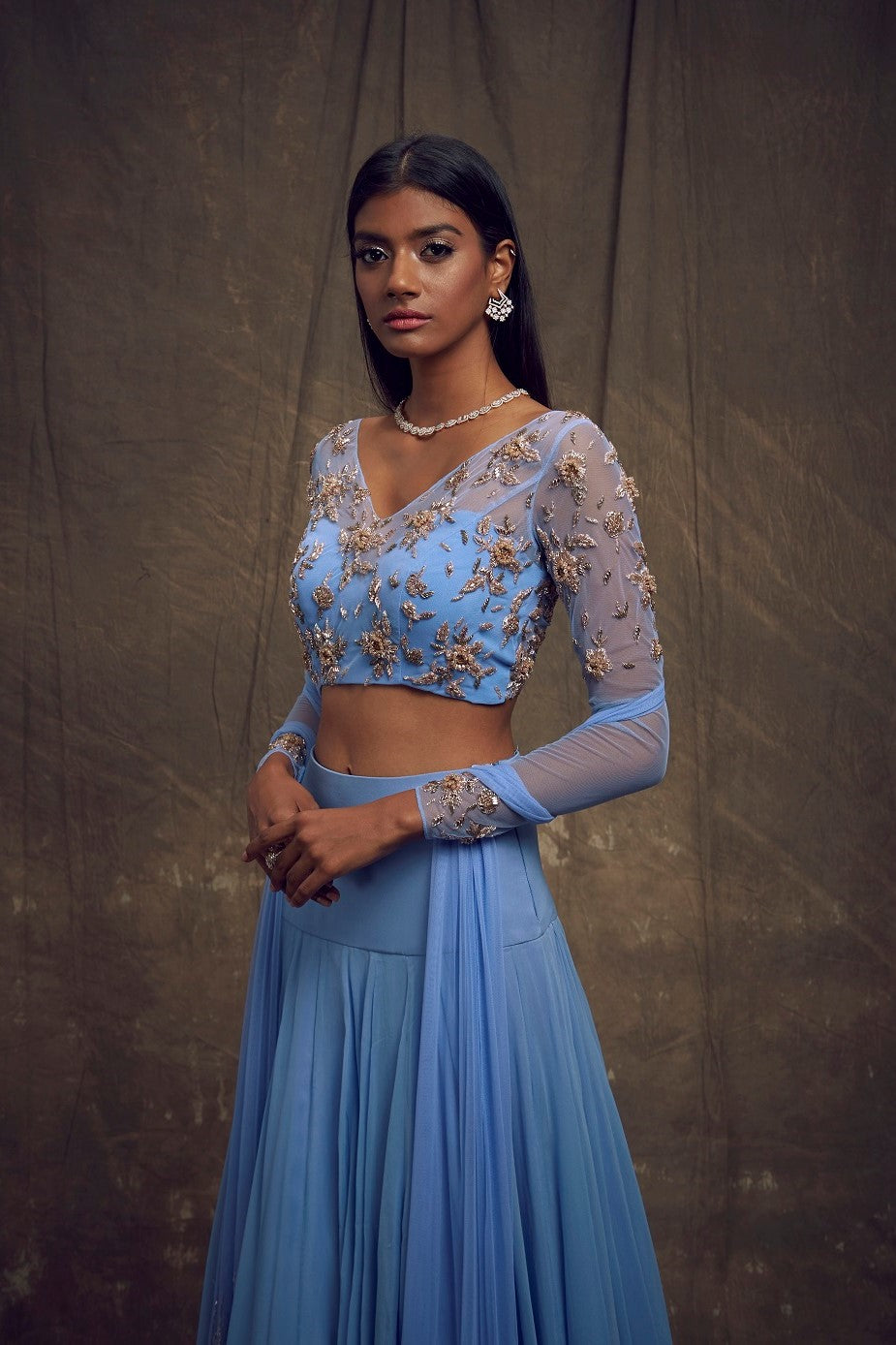 Light Blue Lehenga with Embellished Long Sleeve Blouse