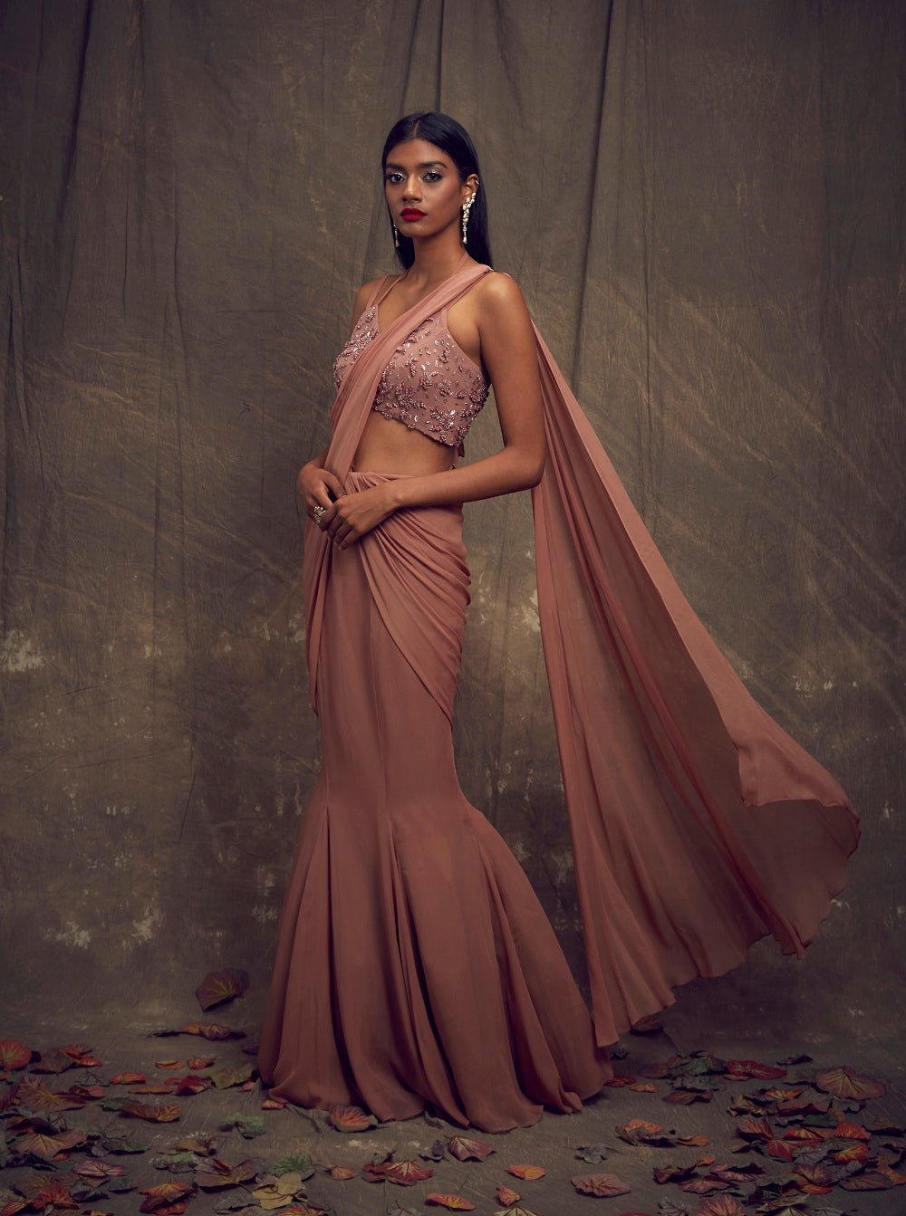 Dusty Rose Sari with Fishtail Skirt