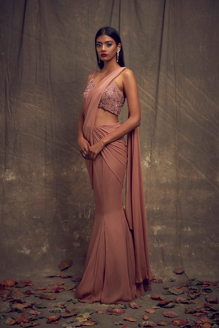 Dusty Rose Sari with Fishtail Skirt