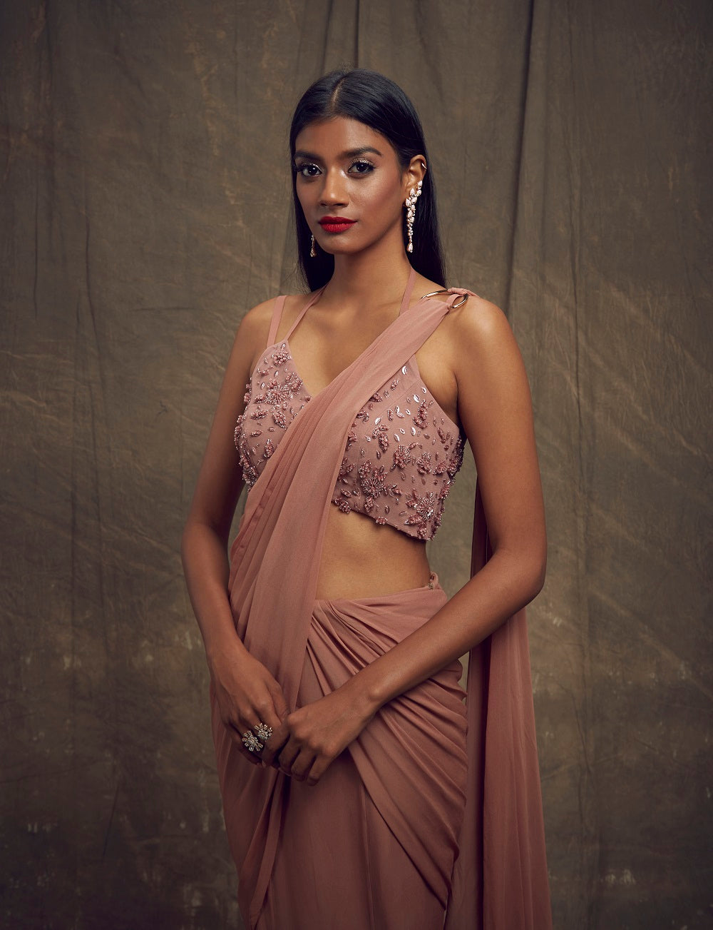 Dusty Rose Sari with Fishtail Skirt