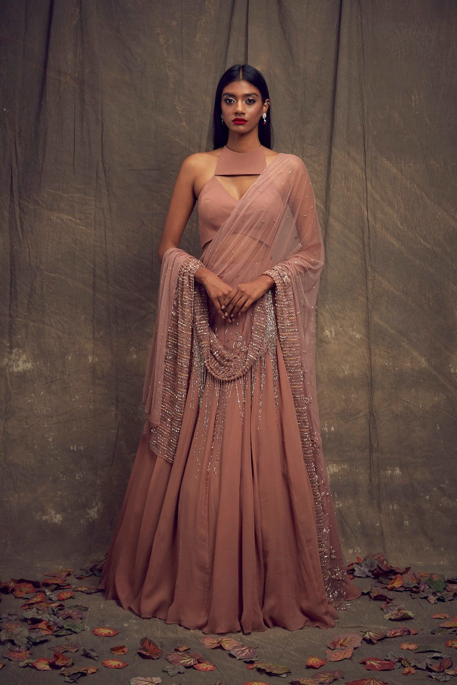 Dusty Rose Lehenga with Geometric Cut Out Blouse
