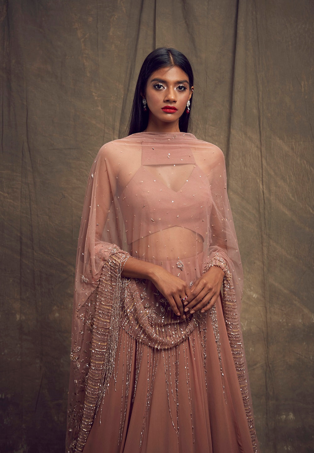 Dusty Rose Lehenga with Geometric Cut Out Blouse
