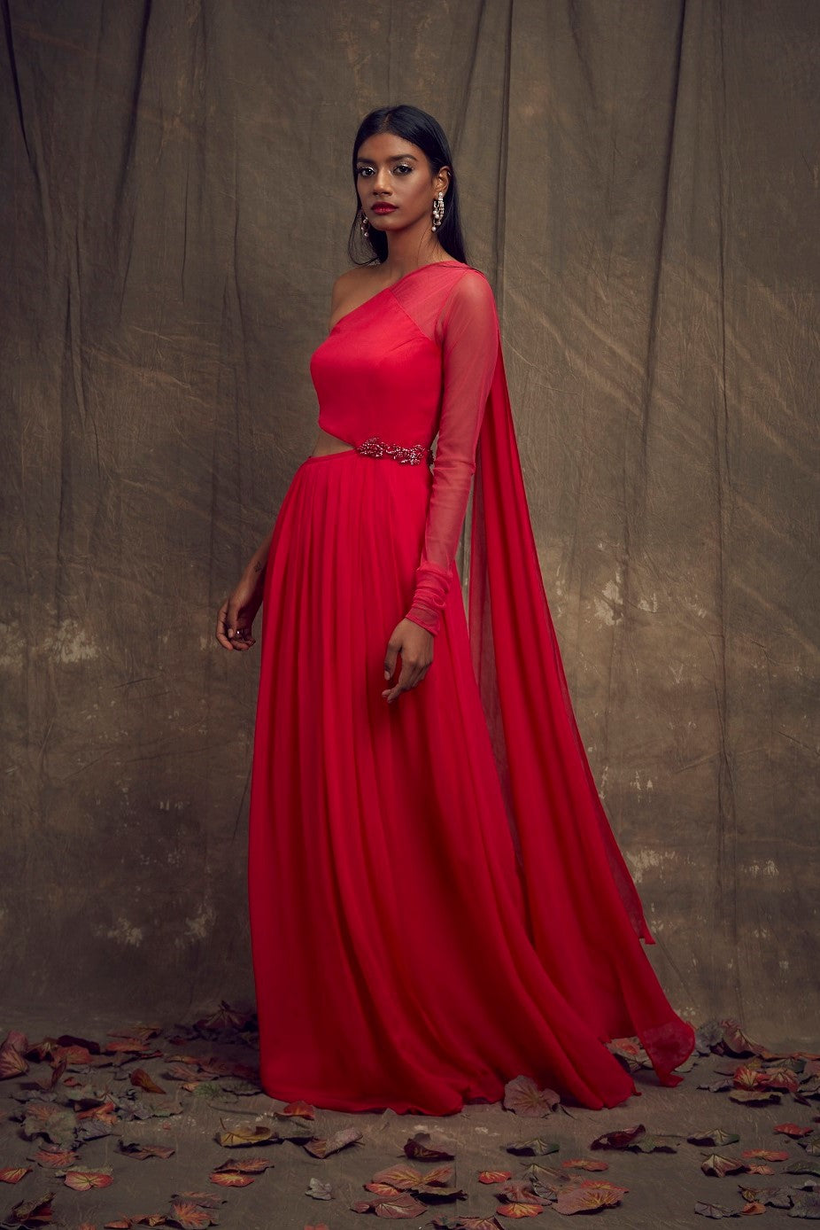 Hot Pink One Sleeve Cut Out Gown