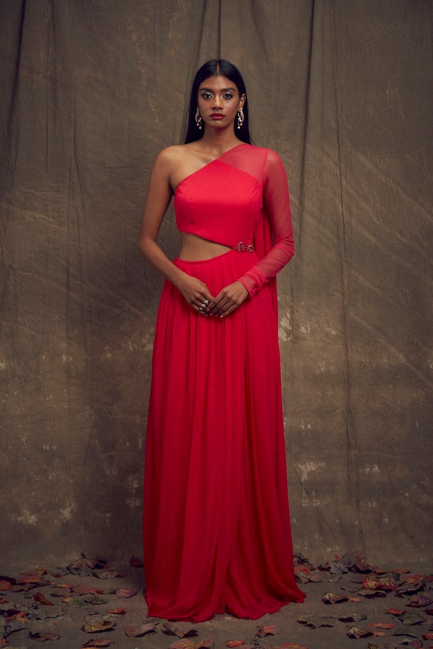 Hot Pink One Sleeve Cut Out Gown 16 / Short
