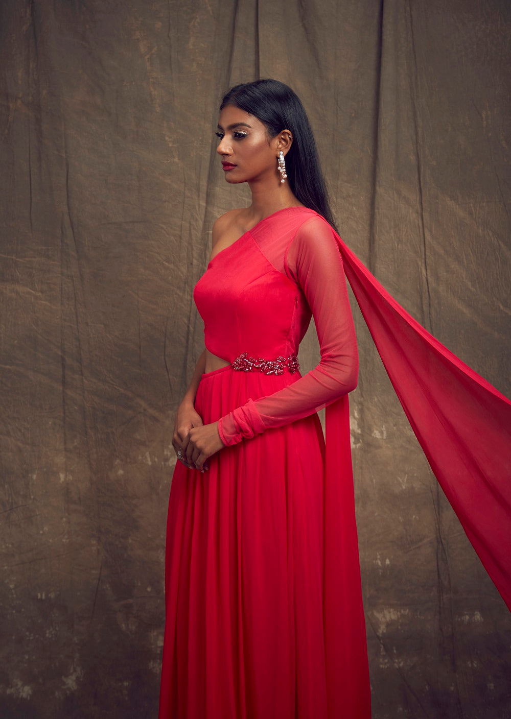 Hot Pink One Sleeve Cut Out Gown