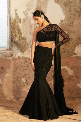 Dark Blue Embellished Gown with Back Drape