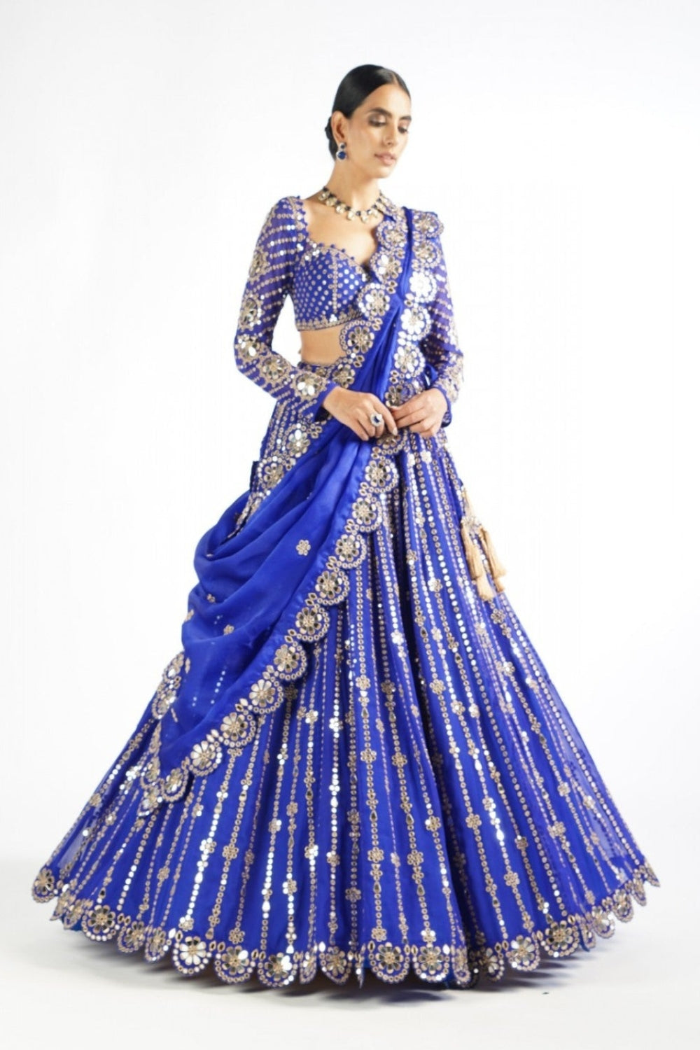 Royal Blue Small Flower Linear Lehenga Set