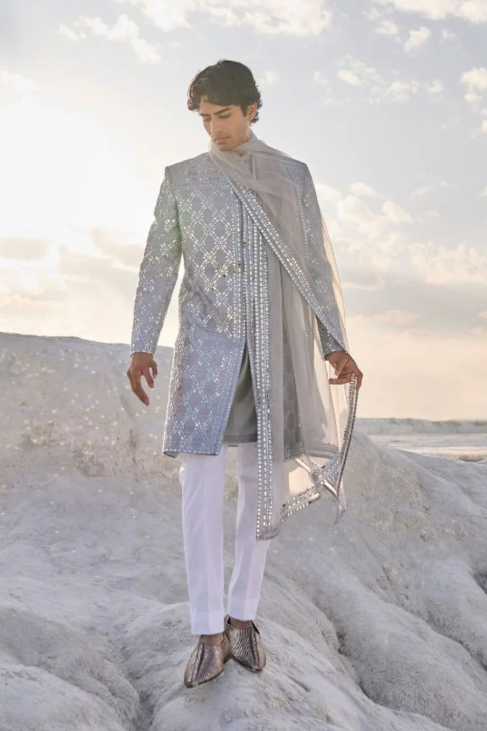 SG Metallic Grey Mirror Work Sherwani Set